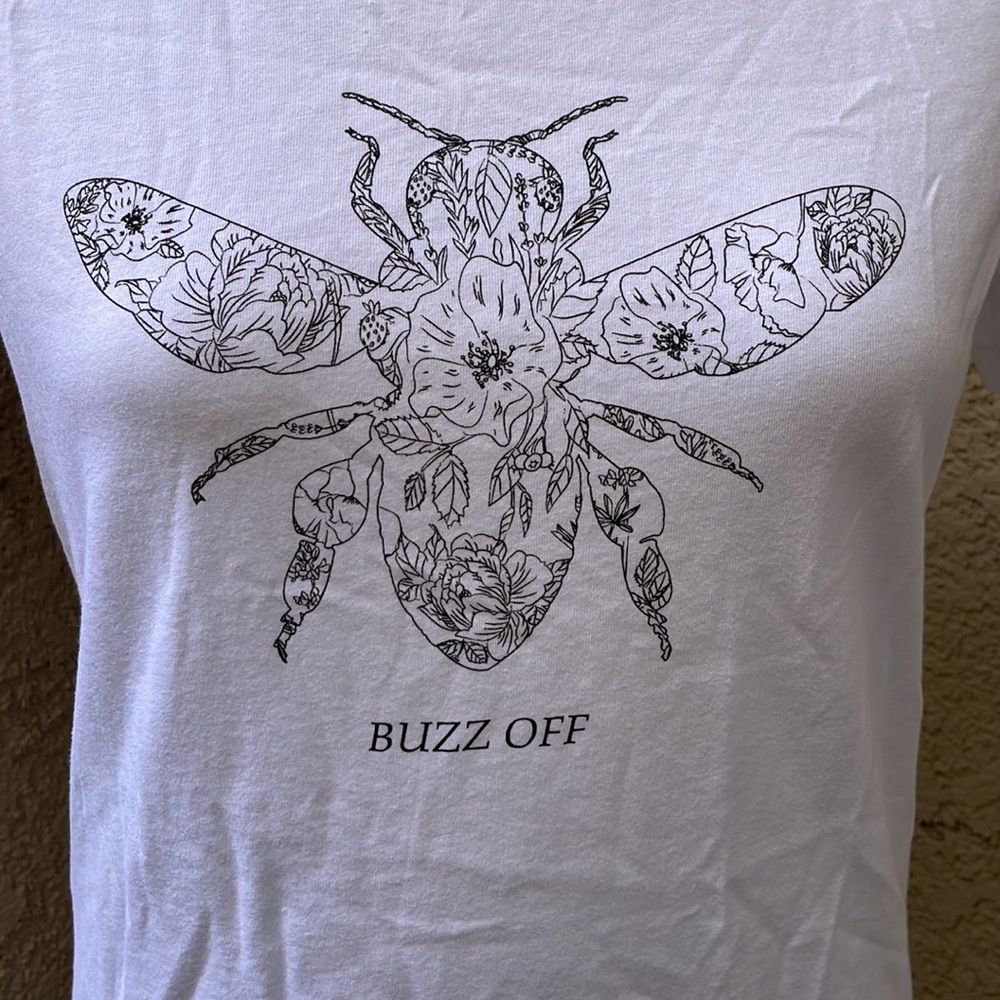New white/black “Buzz Off” cotton tee shirt